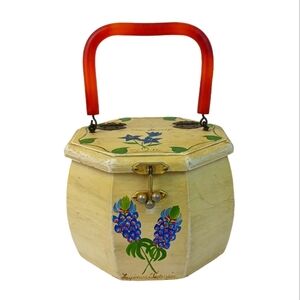 Vtg octagonal wood purse box hand paintedTexas Wild Flowers bakelite handle OOAK